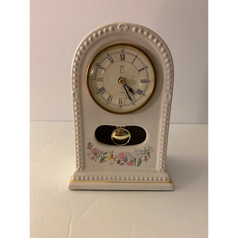 PS 1994 limited edition White Porcelain mantel clock W/ Gold Trim floral design